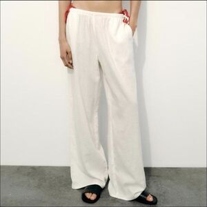 Zara Cream Wide-Leg Linen Pants Side Ties NWOT Size M